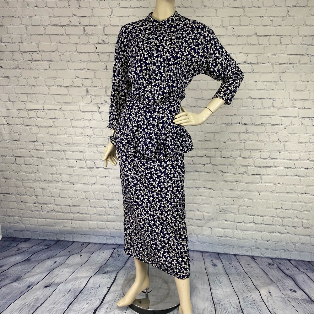 Vintage 80s Rockabilly Bow Print Peplum Ankle Length Dress XS/S